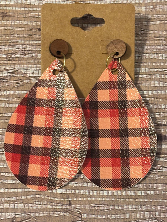 Plaid Teardrops; Faux Leather Earrings