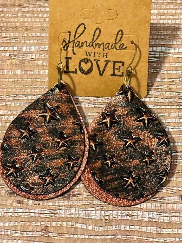 Rustic Metallic Stars Faux Leather Earrings