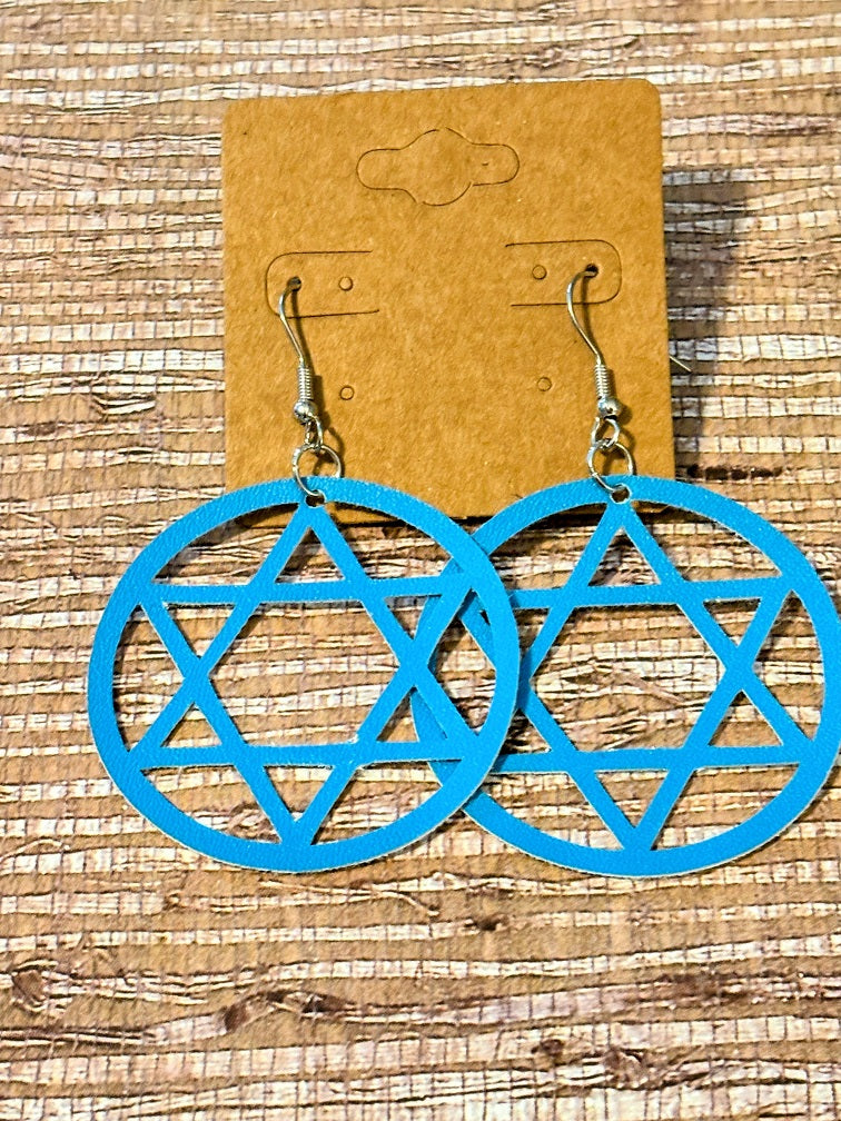 Star of David Rounds; Faux Leather Earrings
