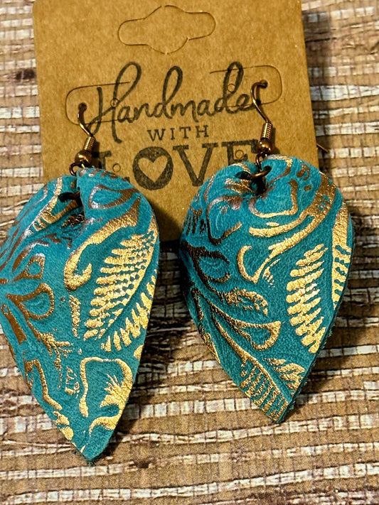 Teal & Gold Embossed Leaves; Faux Leather