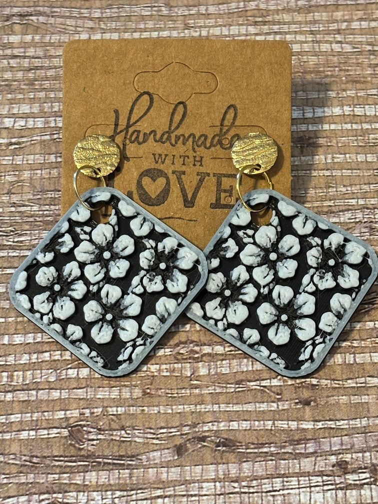 Black & White Flower Rectangles; 3D Print Earrings