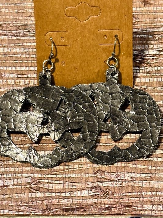 Spooky Statement Pumpkins Black; Faux Leather Earrings